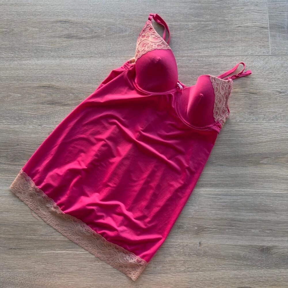 Nature Y2K Women's Small Pink & Cream Lace Trim Slip Nightgown VTG Club Barbie
